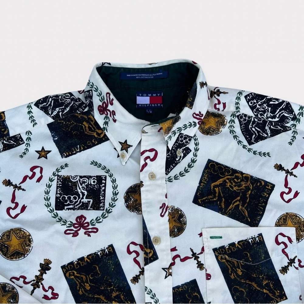RARE Vintage Tommy Hilfiger Long Sleeve Shirt Olympics Theme All Over Print Sz L - Picture 3 of 7